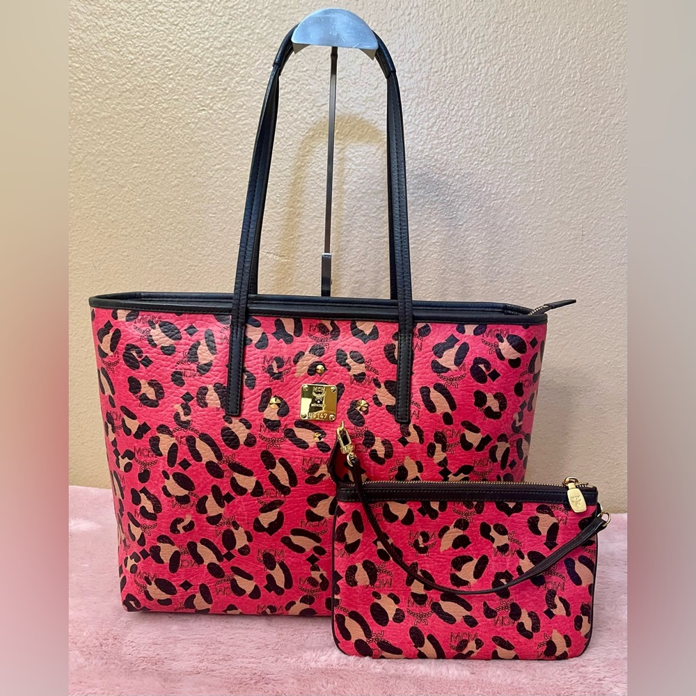 MCM Pink Leopard Tote with Pouch
